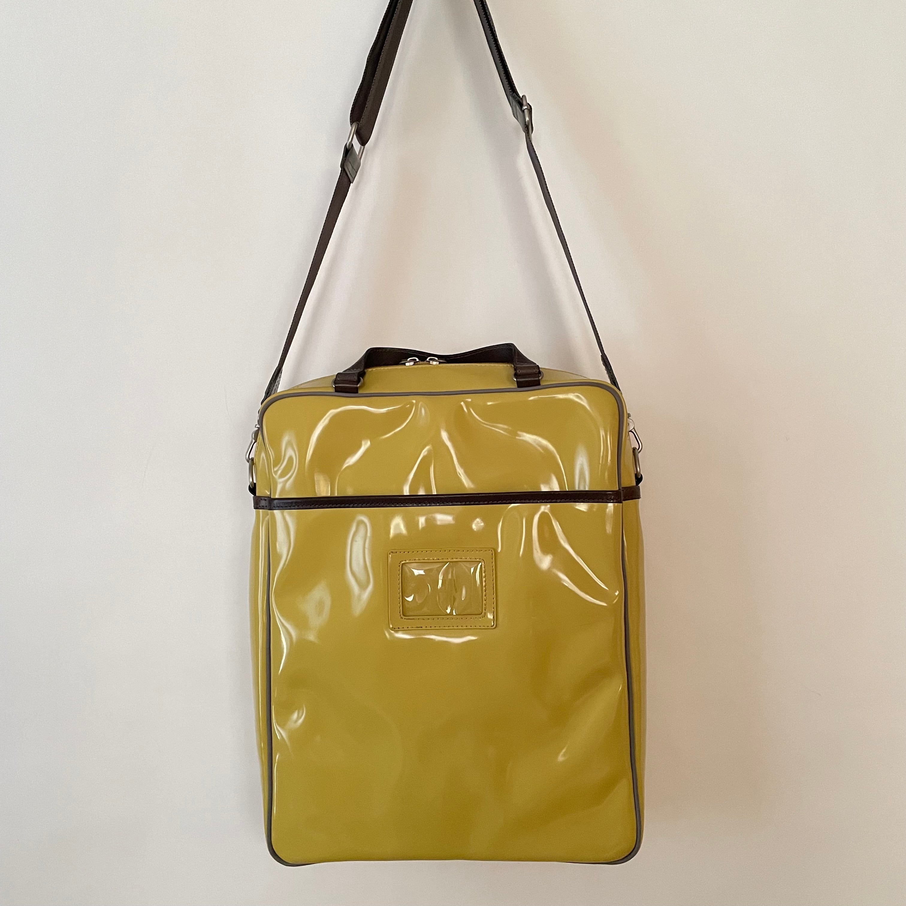 Premium Collection | Tall Vegan Enamel Leather Shoulder Bag with Detachable Shoulder Straps & Genuine Leather Handles & Juggling Robot Print | Yellow